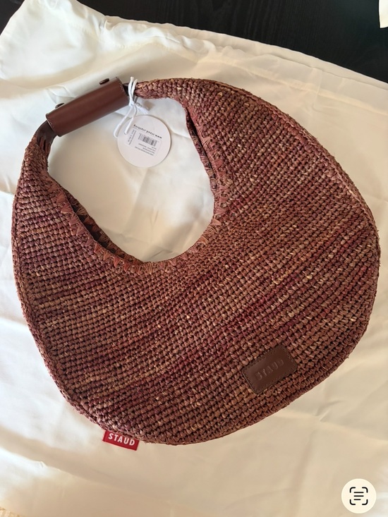 STAUD Handbags - STAUD Raffia Moon Braided Crescent Shoulder Bag in brown